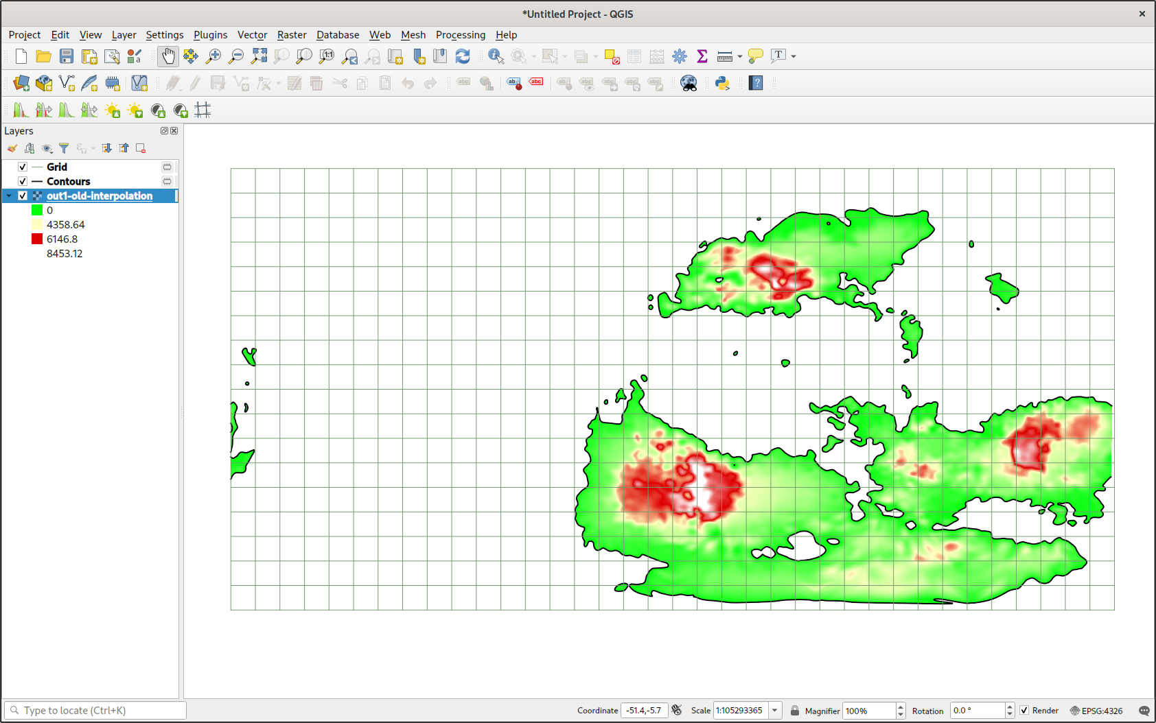 QGIS with an equirectangular view of the interpolated data. The heightmap is unnaturally smooth, but othwerwise it looks quite good.