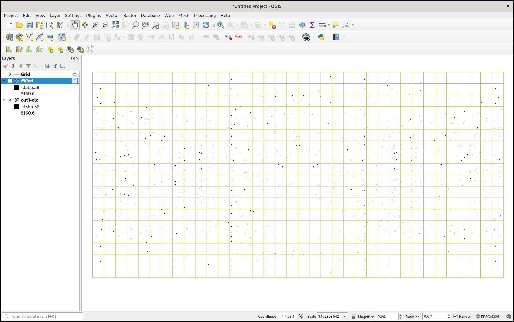 QGIS with the resulting image loaded. There is a lattice to show where the boundaries of the map are. It's hard to see, but there are tiny dots that pepper the area within the grid.