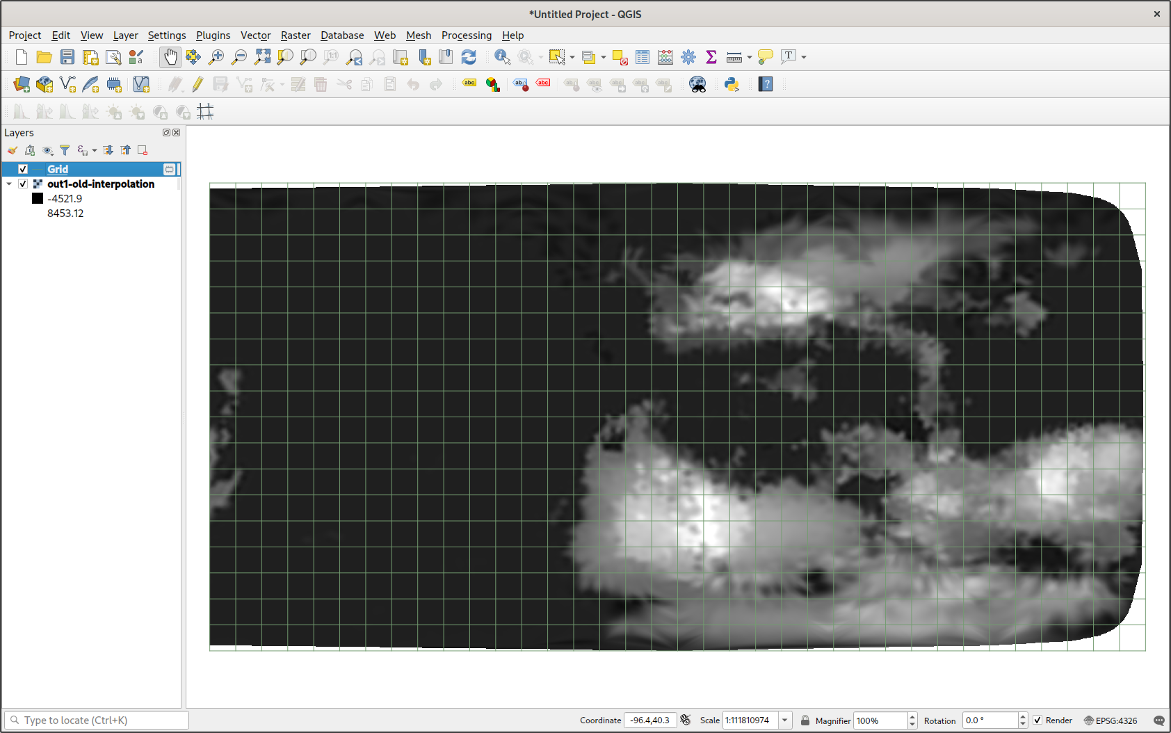 QGIS with an equirectangular view of the interpolated data. The heightmap is unnaturally smooth, but othwerwise it looks quite good.