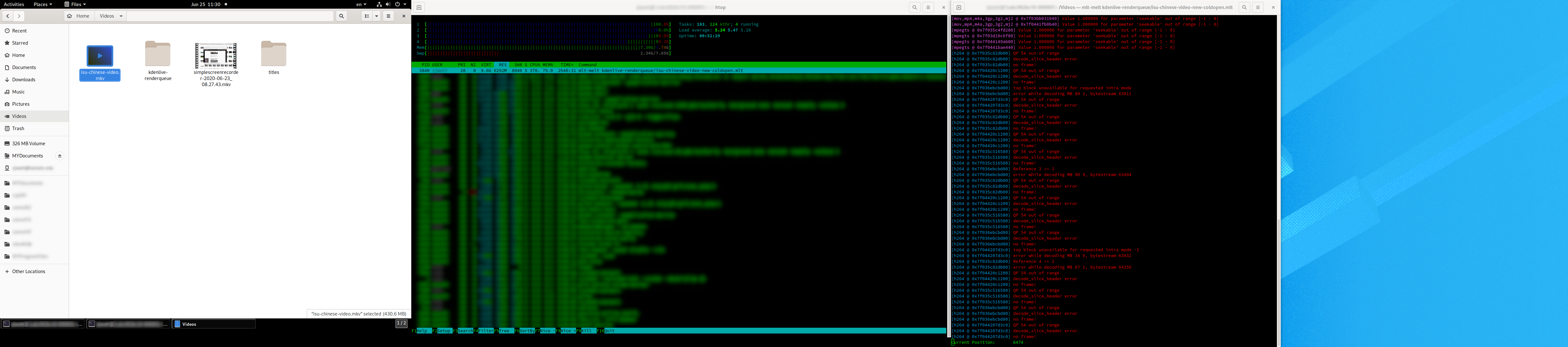 Two command line terminals. htop in one, and MLT in the other. In htop you can see that MLT is fully parallel. It also uses at least 79% of resident memory