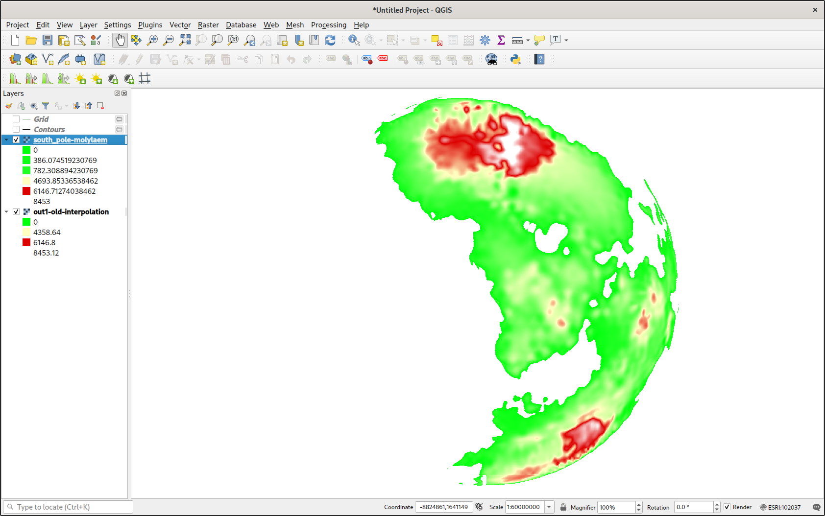 QGIS with an orthographic view of the fictional planet's south pole. This is the newly-interpolated data, and as such, the distortion around the poles is nonexistent, though there are some bunching artifacts at lower latitudes.