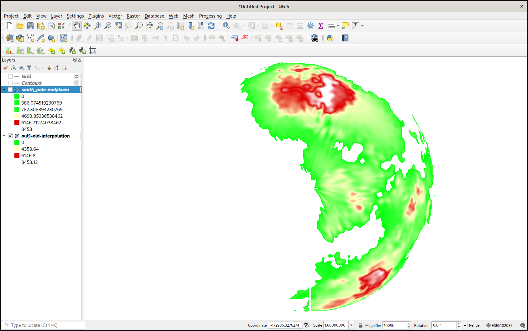 QGIS with an orthographic view of the fictional planet's south pole. This is the original interpolated data, and as such, there are visible distortion artifacts at high latitude.